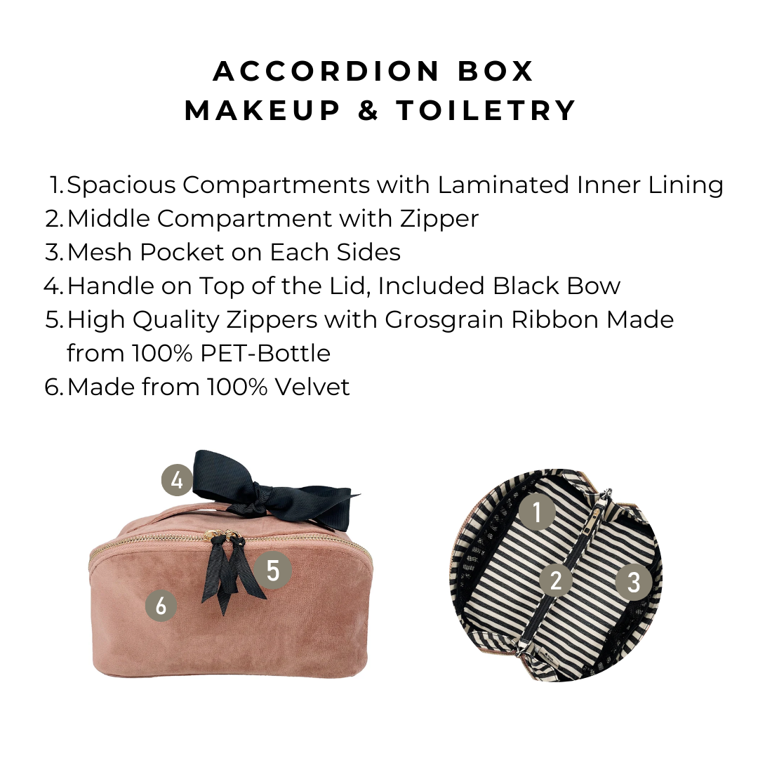 Accordeondoos, make-up en toiletartikelen, roze fluweel